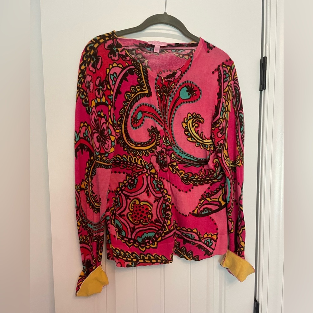 Lilly Pulitzer Pink multicolored cardigan size large GUC